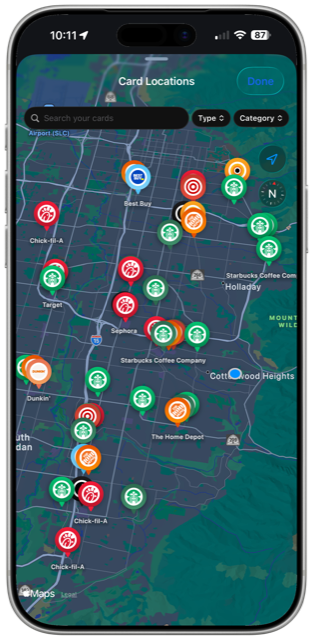 CardCue Pro Card Locations map on iPhone: pins for every store where a saved card can be spent