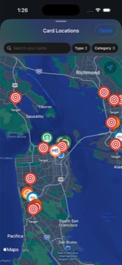 Card Locations map showing Target, Starbucks, Hilton, Home Depot pins across San Francisco