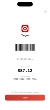 Target gift card barcode redemption screen with $87.12 balance