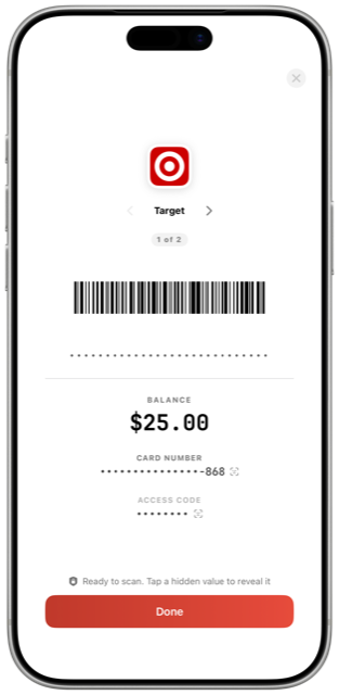 CardCue Pro register screen on iPhone: Target card, full-width barcode, $25.00 balance, card number ready for the cashier