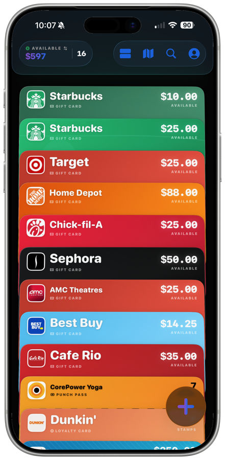 CardCue Pro wallet on iPhone: $597 available across 16 cards, Starbucks, Target, Home Depot, Sephora, Best Buy and more