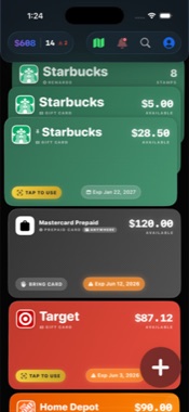 CardCue Pro wallet view, Starbucks, Mastercard Prepaid, Target, Home Depot cards stacked
