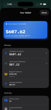 Your Wallet stats sheet, $607.62 available across 14 cards, biggest balance $142 at Amazon