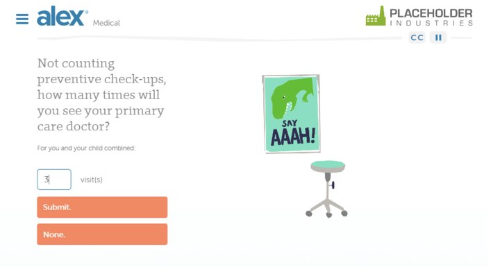 ALEX Medical asking the user how many times they'll visit their primary care doctor, with a friendly illustration and Submit / None buttons