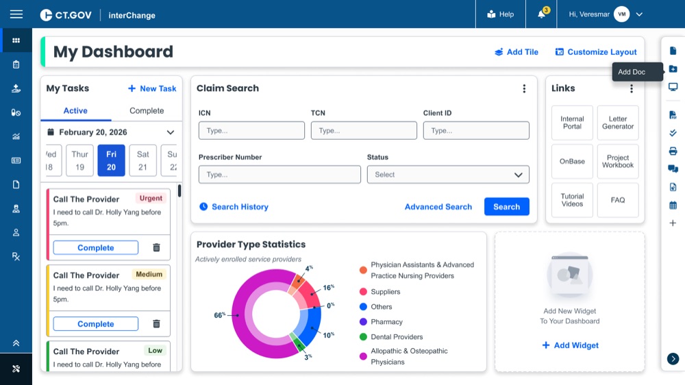 Gainwell interChange administrator dashboard with My Tasks, Claim Search, and a Provider Type Statistics donut chart