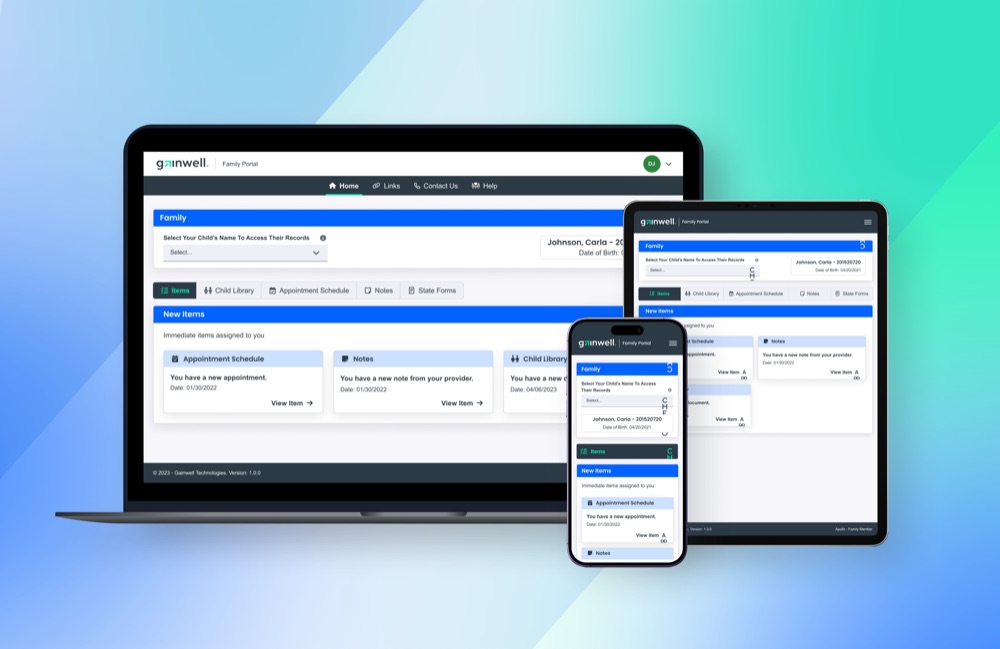 Gainwell Family Portal shown responsive across laptop, tablet, and phone