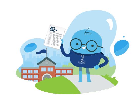 Sam, the friendly blue Upkey mascot in glasses, holding a paper titled 'BEST. RESUME. EVER.' next to a school building, the face of the interactive resume builder